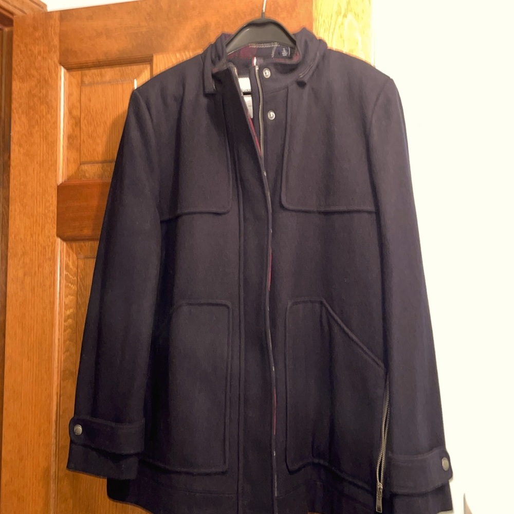 Navy blue wool blend zip/snap front knee length coat, 30” length